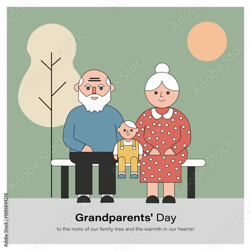 Flat vector illustration of grandparents with grandchild sitting on a bench, celebrating Grandparents' Day, symbolizing family love, bonding, and generational connection.