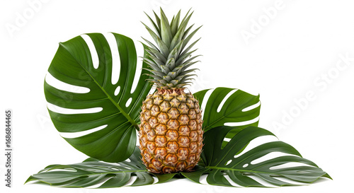 Fresh Whole Pineapple with Green Monstera Deliciosa Leaves on Isolated transparent background