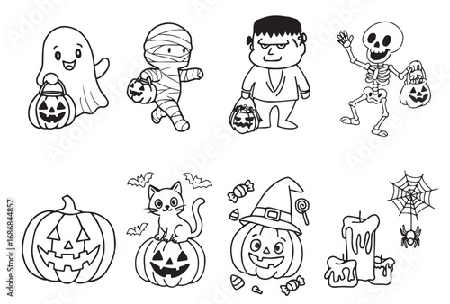 Halloween Cartoon Characters and Elements for Coloring and Decoration