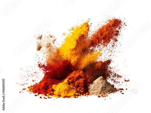 Vibrant explosion of culinary spices offering bold flavors, perfect for food blogs, restaurant promotions, and recipe visuals, showcasing rich color and texture