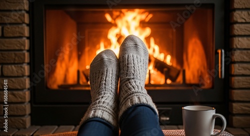 Person's feet in cozy socks by a fire
