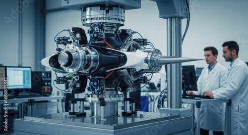 Staticload testing of a futuristic eVTOL rotorhub on a calibrated test stand with engineers adjusting settings to simulate flight stresses.