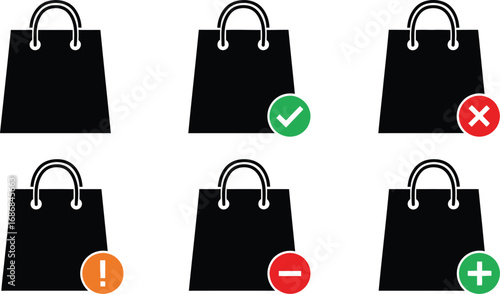 Set of shopping bags with various status icons for online shopping and retail choices.