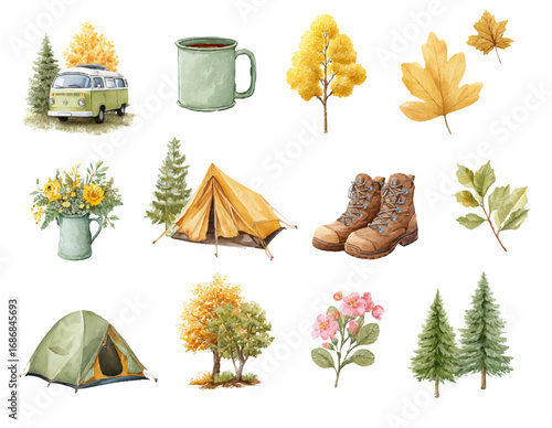 Watercolor camping clipart set with tents, camper vans, hiking boots, campfire, lantern, mug, autumn leaves, trees, wildflowers. Collection of Vector illustrations. Perfect for invitation, card, poste