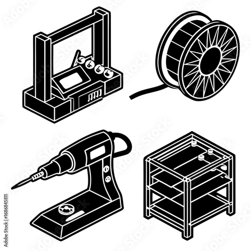 3d printing tools and materials isometric icons filament spool extruder
