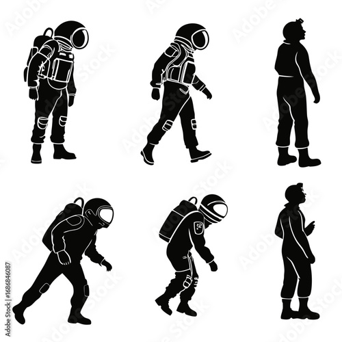 Astronauts in space suits walking and standing silhouette black and white