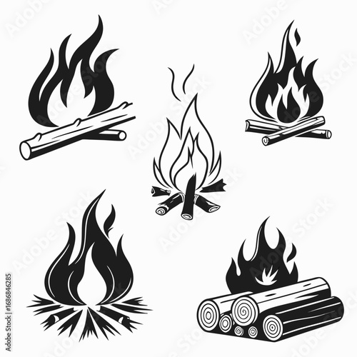 Black and white campfire illustrations with logs wood burning
