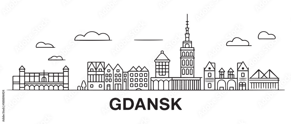 Obraz premium Gdansk Line Art skyline horizontal banner. Black Gdansk, Poland. Vector template for your design. with white background