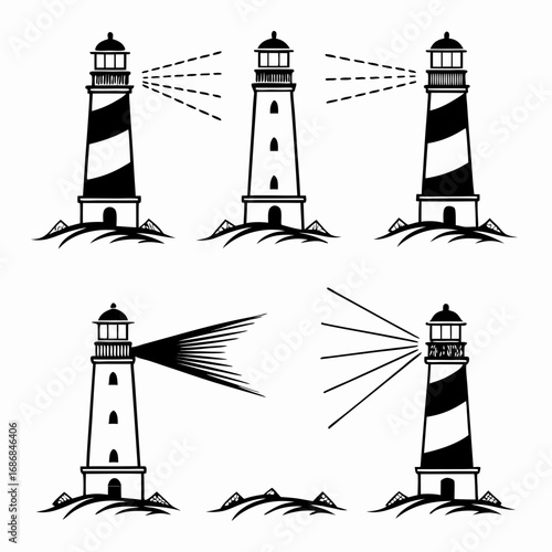 Black and white lighthouse silhouettes with light beams beacon