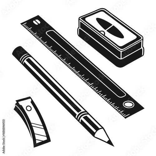 Black and white school stationery set with pencil ruler and sharpener school supplies