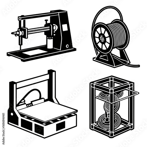 Black and white silhouettes of 3d printing equipment 3d printer filament spool