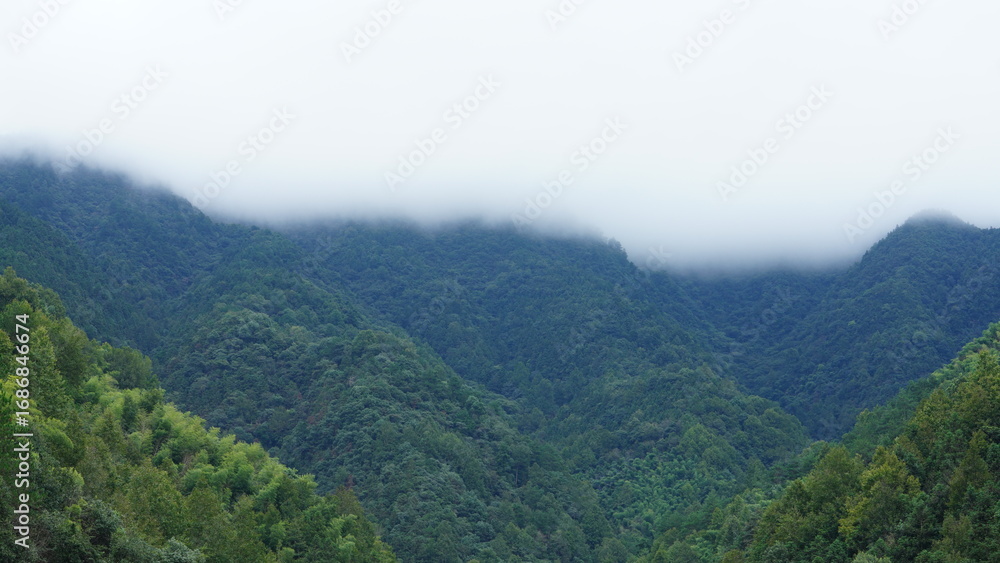 Fototapeta premium The beautiful mountains landscapes with the green forest and little village as background in the countryside of the China 
