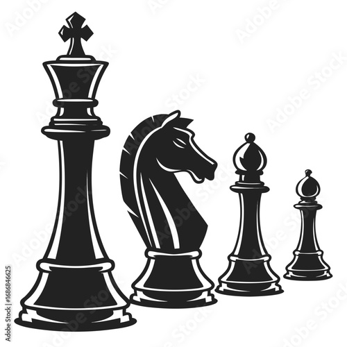 Black chess pieces king knight bishop pawns silhouette game strategy