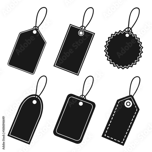 Black clothing tags with strings on white background price tags sale tags