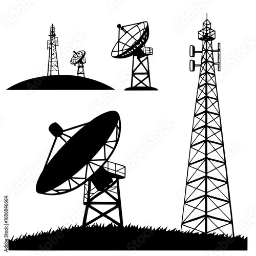 Black communication towers and satellite dishes on white broadcast technology