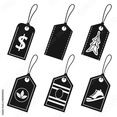 Black fashion tags with various icons and designs hang tags price tags