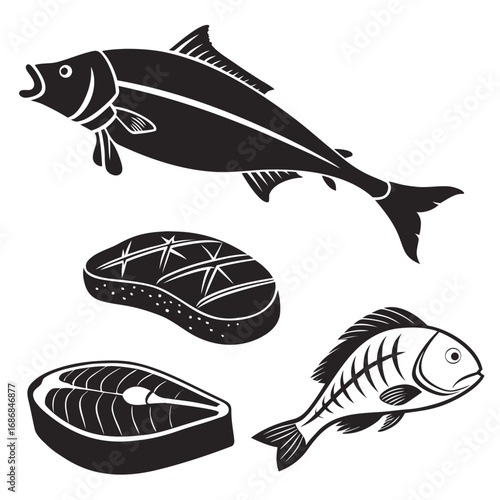 Black fish and meat silhouettes on white steak salmon