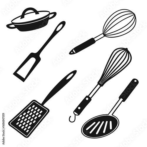Black kitchen utensils collection cooking tools whisk spatula