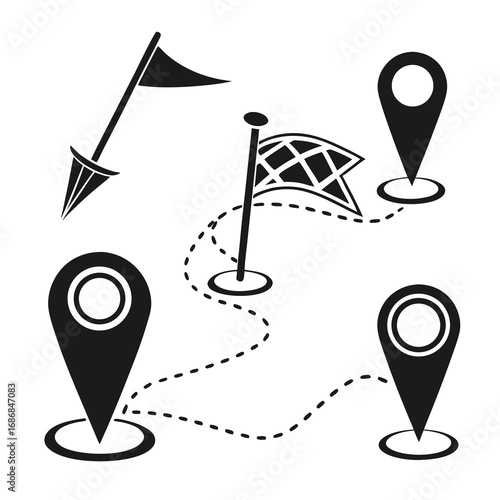 Black location pin and flag route icons location pins map icons