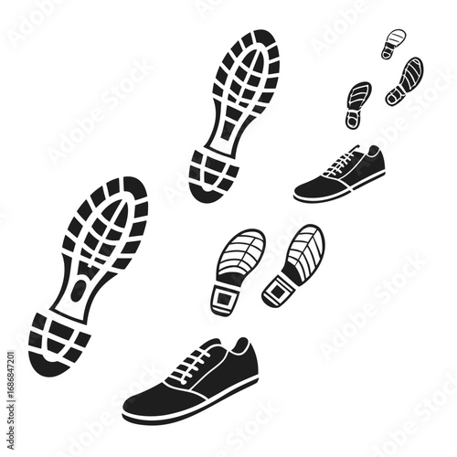 Black shoe prints and footprints trail walking running