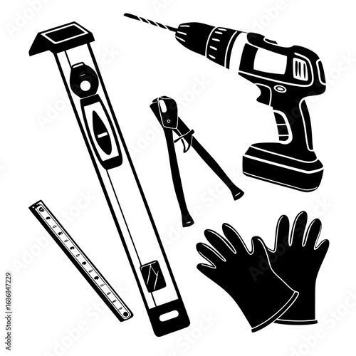 Black silhouette contractor tools level drill pliers gloves vector