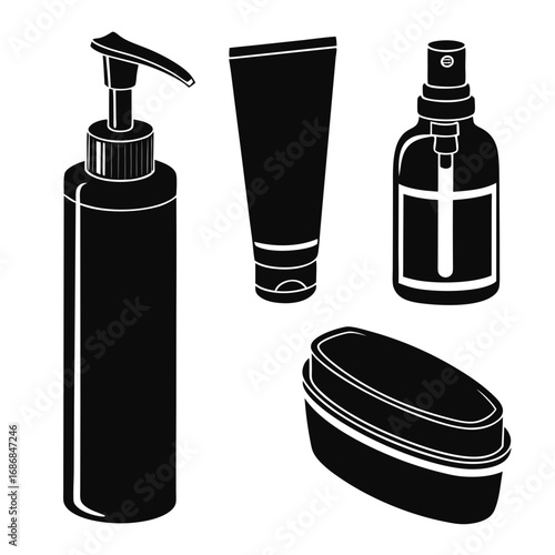 Black silhouette cosmetic containers pump spray tube jar bottle