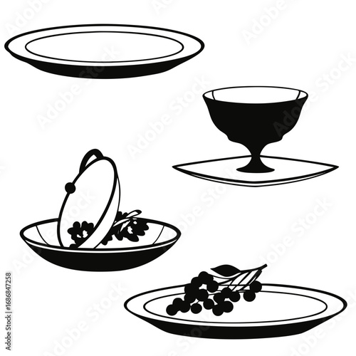 Black silhouette dining plates bowls and goblet with berries food