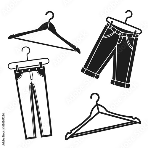 Black silhouette hangers holding pants and tops clothing apparel