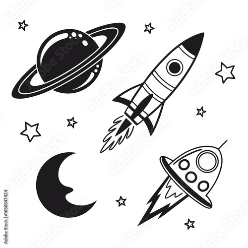Black silhouettes of celestial bodies and spacecraft rocket planet