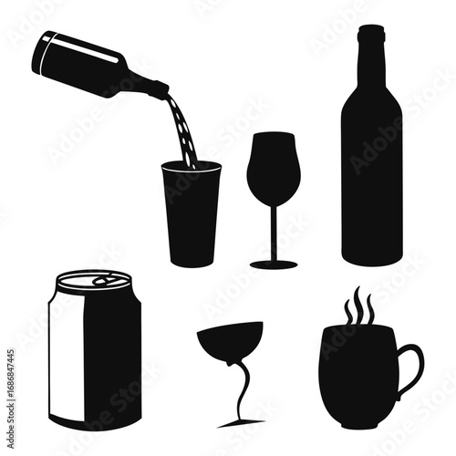 Black silhouettes of beverage containers and drinks bottle
