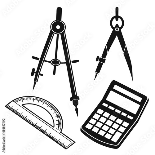 Black silhouettes of drafting instruments and calculator drafting compass protractor