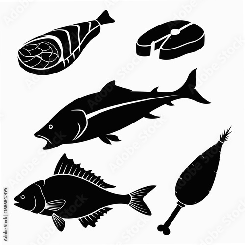 Black silhouettes of fish meat and vegetable on white steak ham hock