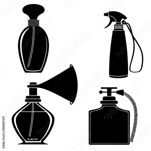 Black silhouettes of perfume bottles and sprayers fragrance atomizer
