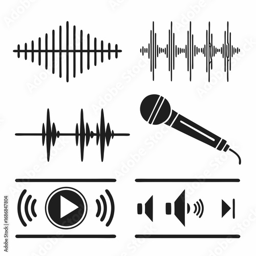 Black sound wave graphics microphone and audio controls playback volume