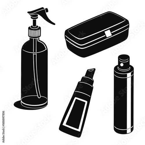 Black spray bottle pump tube and container shapes cosmetic packaging