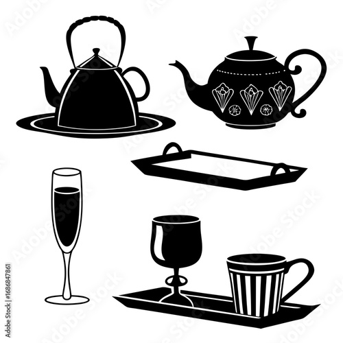 Black teaware and glassware collection teapots cups