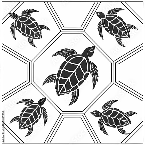 Black turtles swimming within geometric tessellation patterns sea turtle