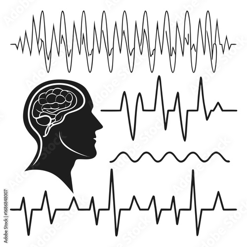 Brainwave and signal patterns with human head silhouette vector