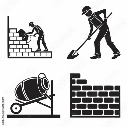 Bricklayer cement mixer shovel wall construction vector