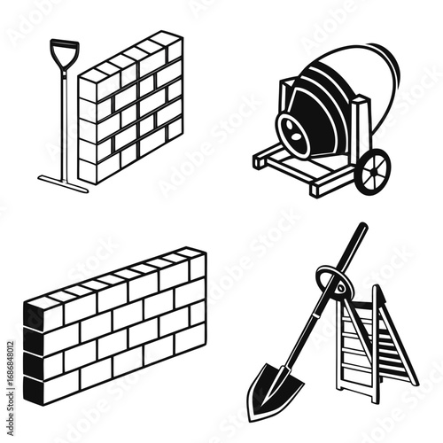 Brick wall construction tools cement mixer ladder shovel vector