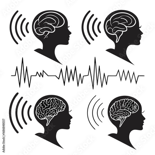 Brainwave signals emanating from human head silhouettes vector
