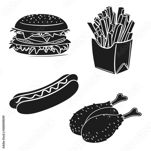 Burger fries hotdog chicken legs fast food