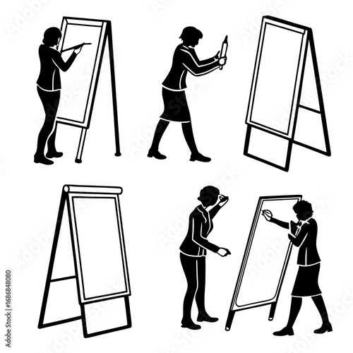 Business women presenting on flip charts and whiteboards presentation silhouette