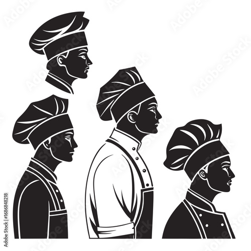 Chefs in profile wearing traditional hats and aprons culinary cooking