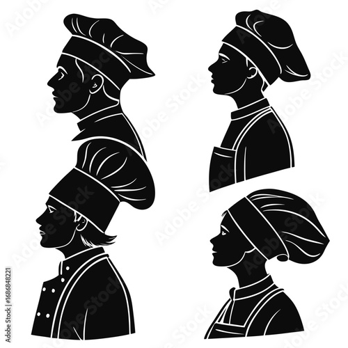 Chefs wearing hats and aprons in profile silhouette culinary