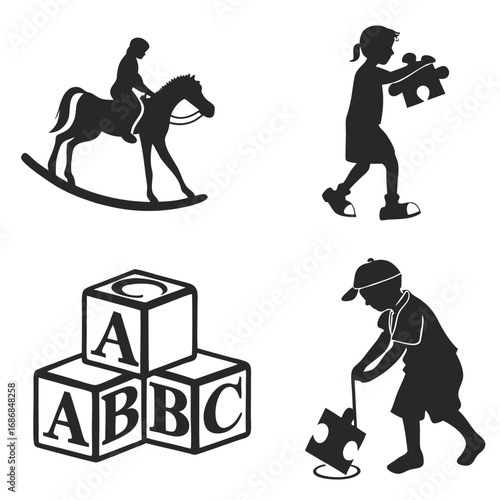 Children playing with toys and puzzle pieces rocking horse