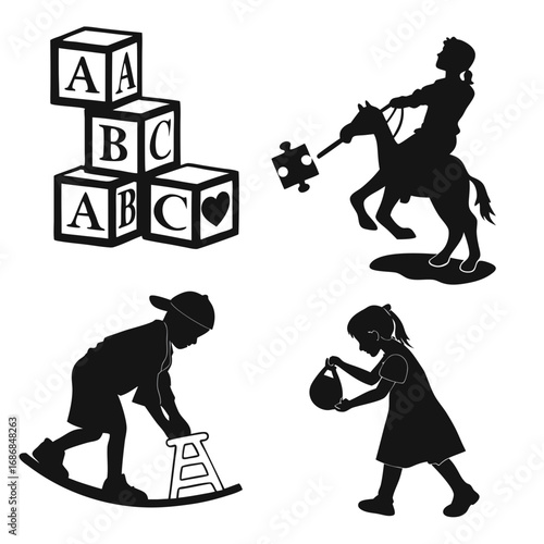 Children playing with toys and learning blocks silhouette