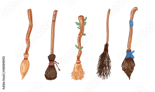 Hand drawn vintage sketch set of five rustic witch broomsticks with wooden handles and bristles for halloween magical design