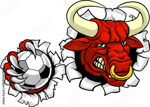 A bull or Minotaur monster longhorn cow angry mean soccer football mascot cartoon character.