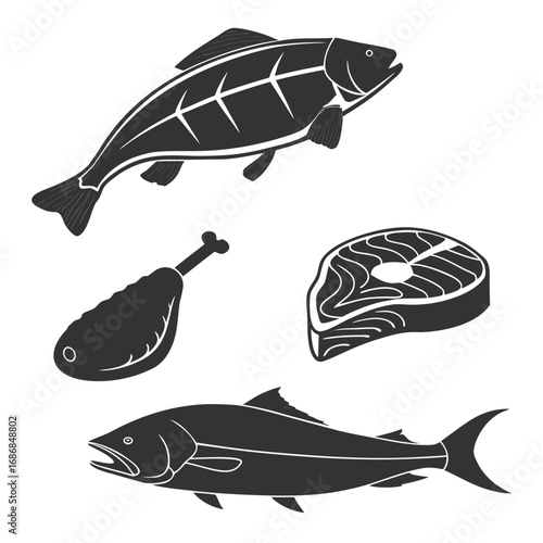 Dark silhouettes of fish steak and chicken leg meat seafood